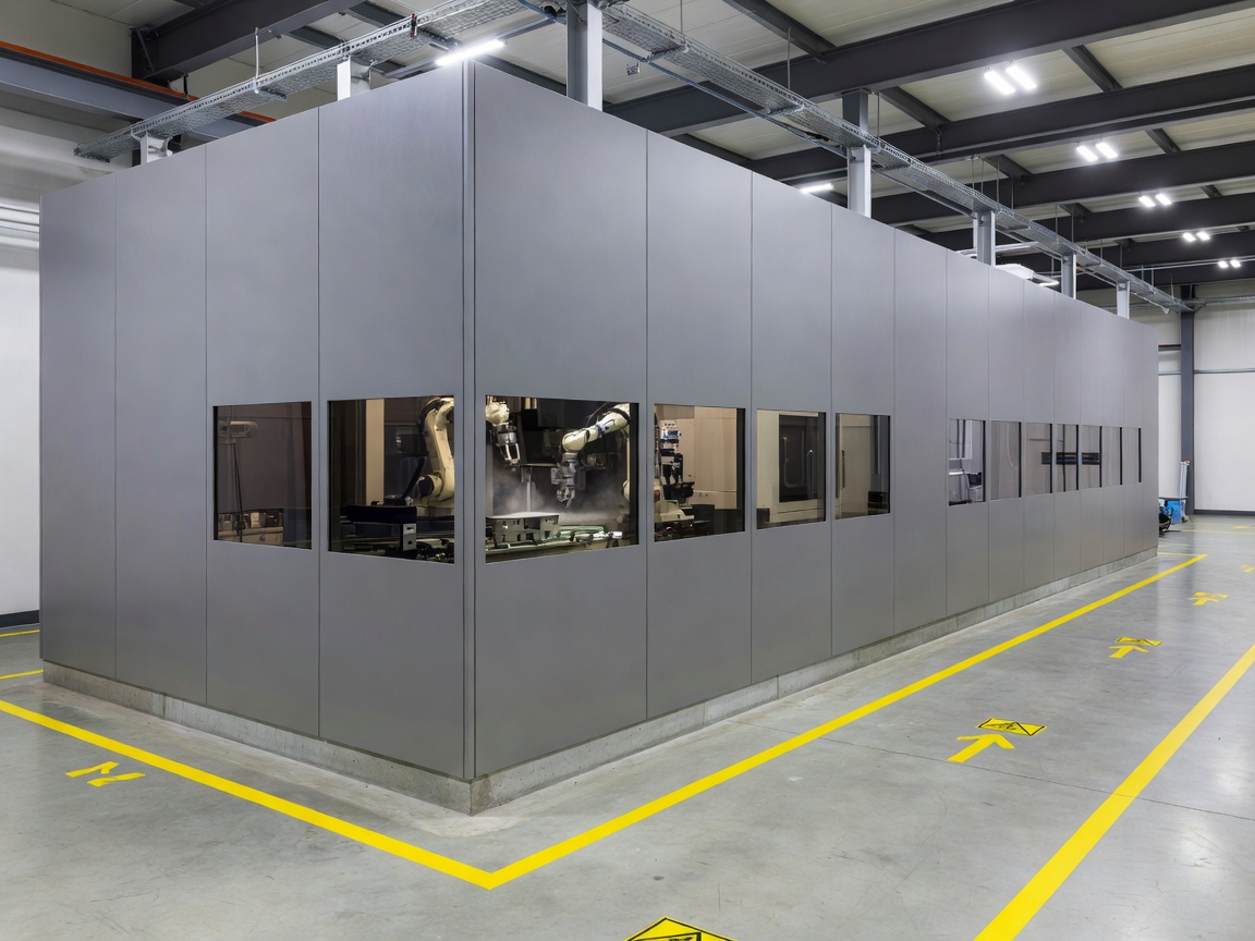 Production equipment enclosed behind panels beside a marked walkway