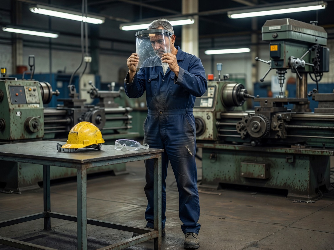 Industrial worker checking head and face protection away from operating machinery