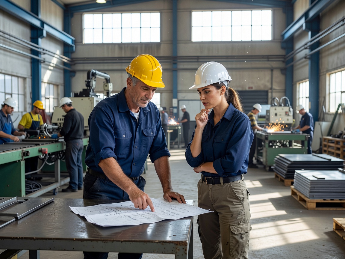 Factory supervisor and colleague discussing work instructions near a daylight-lit production area