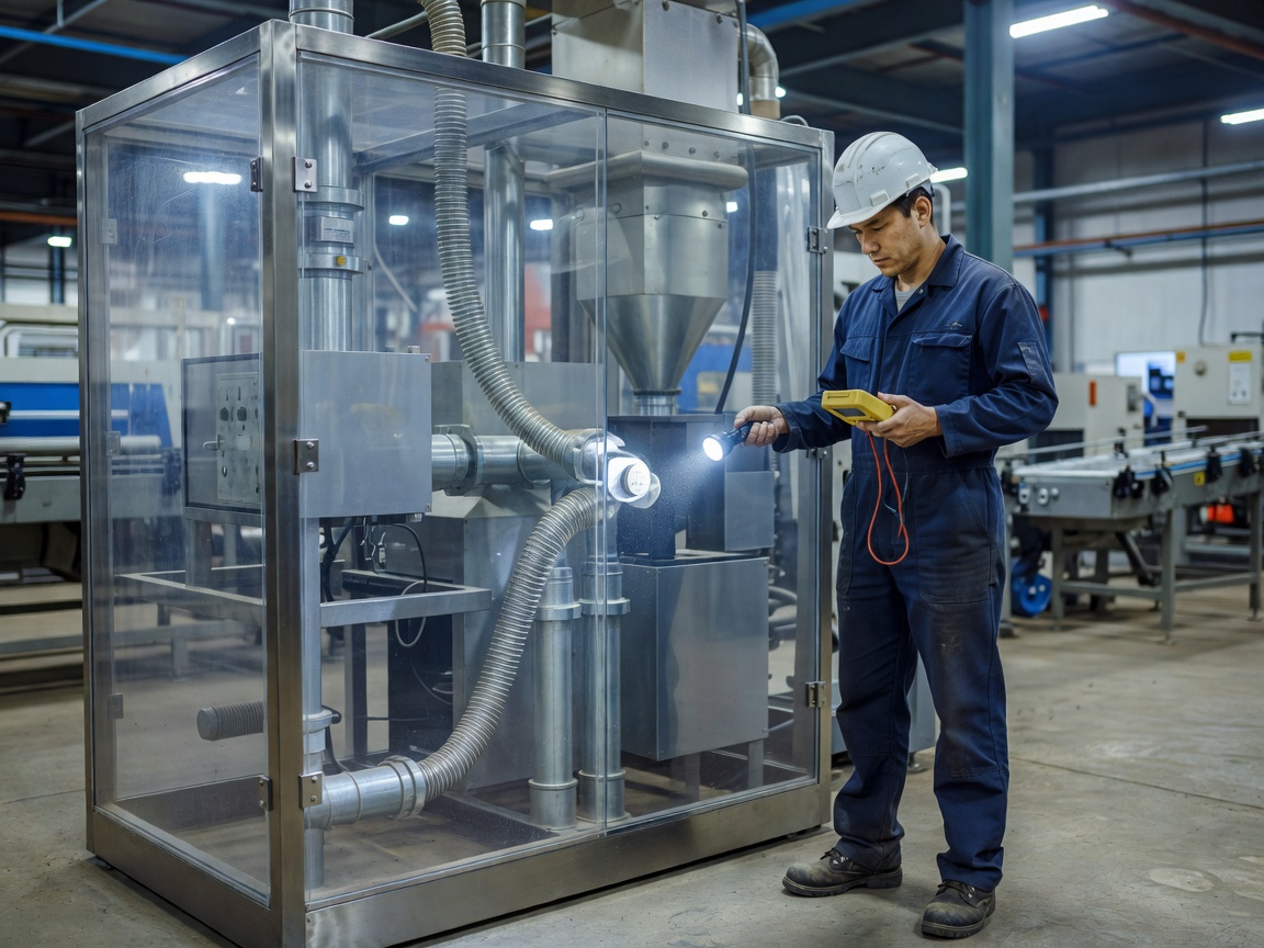 Technician checking an extraction installation from outside the process enclosure
