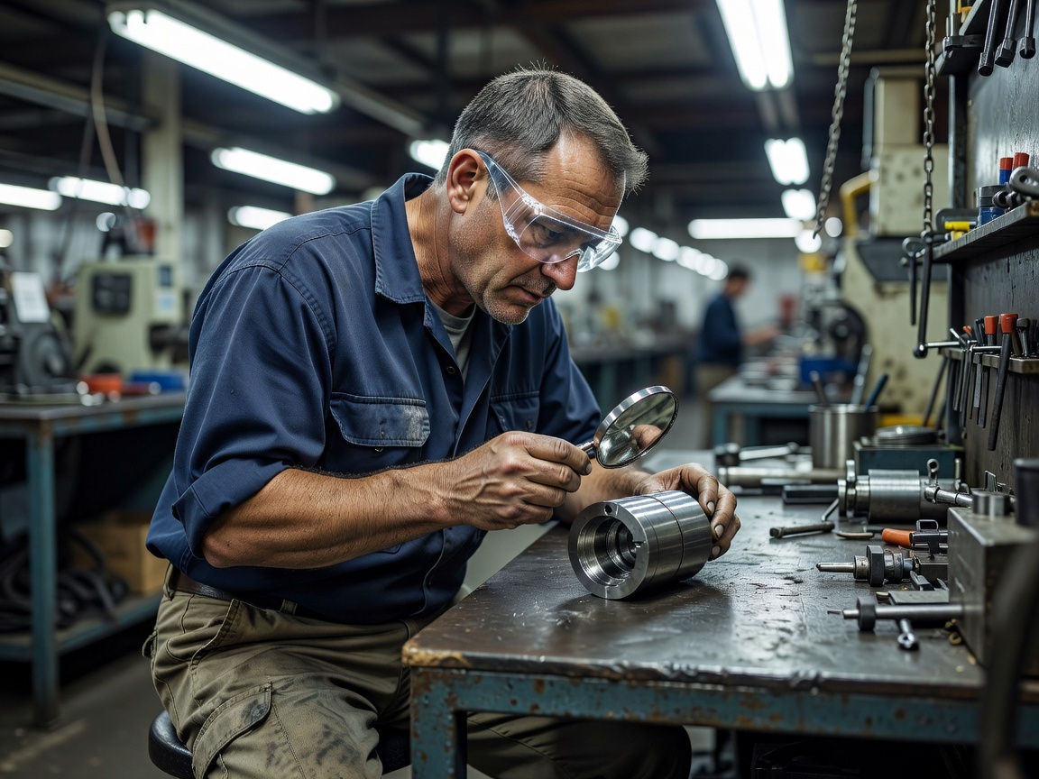 Worker wearing eye protection while inspecting a component at a bench