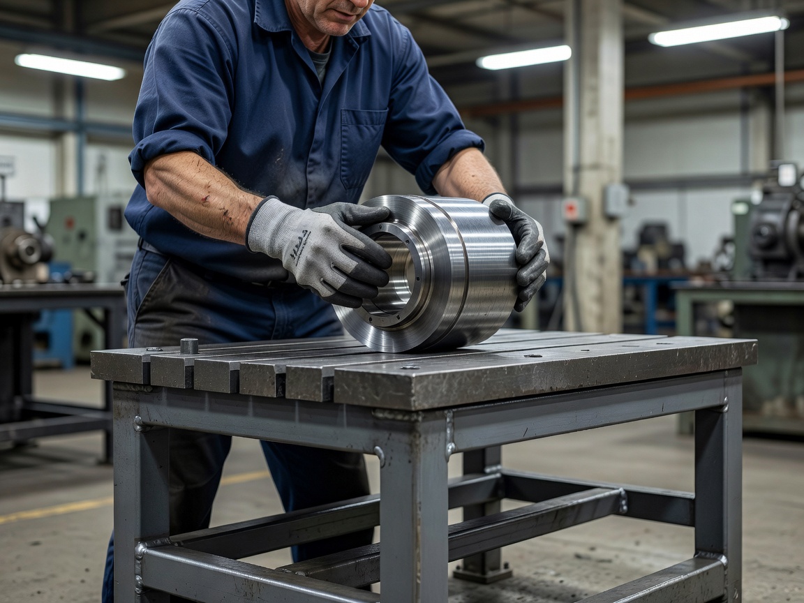 Worker wearing gloves while moving a component on a stationary inspection bench