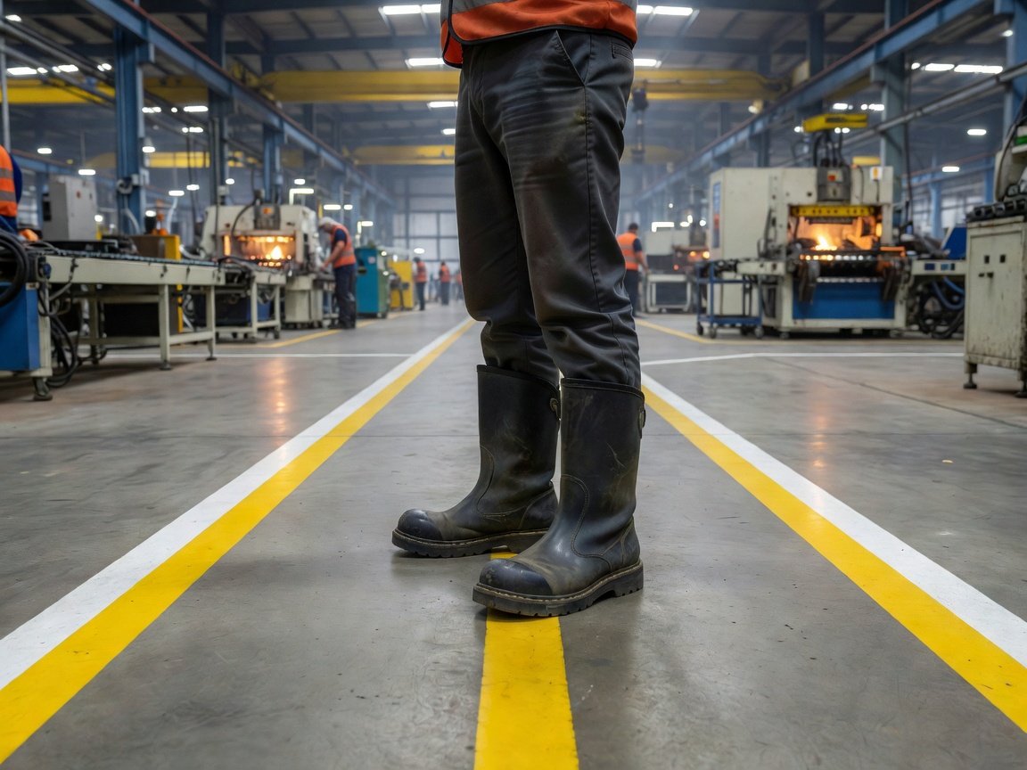 Worker in protective footwear standing on a clear marked factory walkway